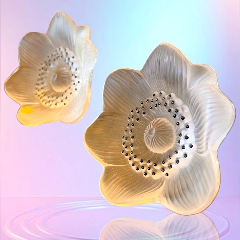 Lalique France Set Of Two Vintage Anemone Flower Sculpture, Paperweights